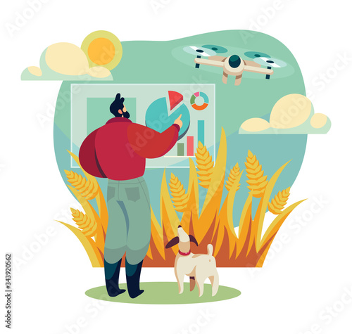 Man with dog, control drone in field concept and vector illustration on white background. Modern and smart online technology for modern farm management and farmer characters. Flat style.