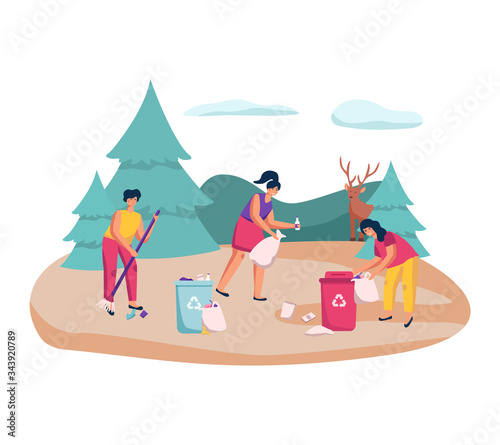 Characters clean forest from rubbish concept and vector illustration on white background. Female and male sorting and cleaning of garbage from planet. Save woodland from trash. Flat style. photo