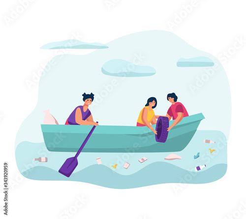 People recycle rubbish in sea, lake concept and vector illustration on white background. Male, female characters sorting and cleaning of garbage. Save water area from trash. Flat style.