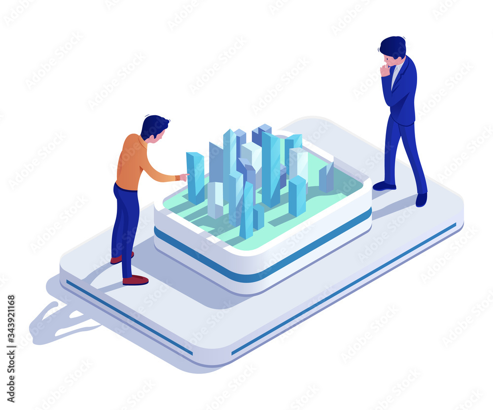 Men work with technology table, idea for city business and startup concept and vector illustration on white background. Male character, business and work analysis. Isometric 3d style. Men work with technology table, idea for city business and startup concept and vector illustration on white background. Male character, business and work analysis. Isometric 3d style.