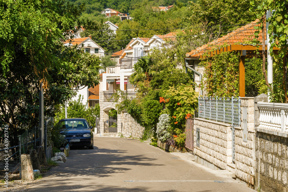 Sunny view of beautiful village Orahovac on Kotor Bay, Montenegro.