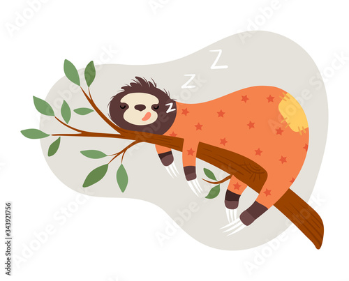 Sloth sleep on branch concept and vector illustration on white background. Cheerful and joyful animal character sloth. Permanent sleep, good rest, recuperation. Cosy cartoon style.