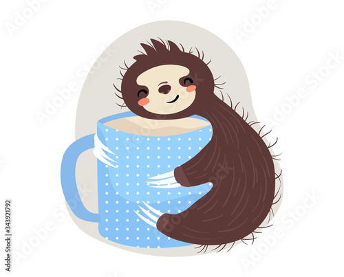 Sloth hug cup of coffee, warm mood concept and vector illustration on white background. Cheerful and joyful animal character sloth. Hot tankard tea for relaxing holiday. Cosy cartoon style.