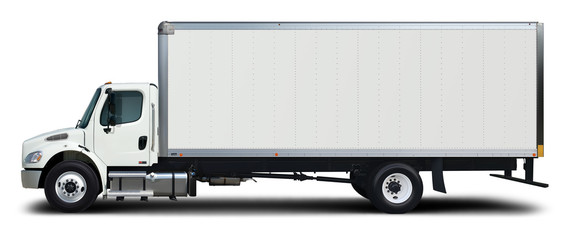 American white delivery truck side view. Isolated on a white background.