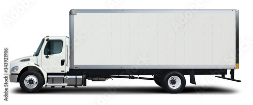 American white delivery truck side view. Isolated on a white background.