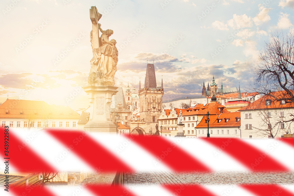 Prague landmarks with warning tape. Covid-19 quarantine