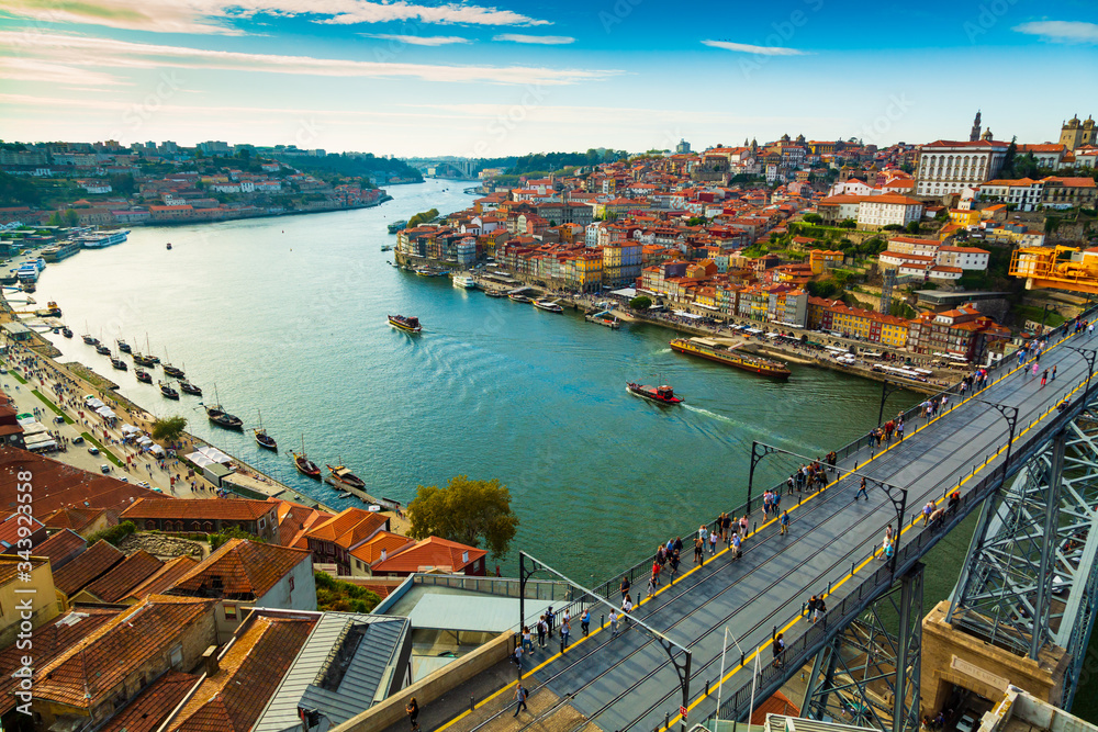 Porto, Portugal: Picturesque view of Riberia old town and Ponte de Dom Luis bridge over Douro river seen from above