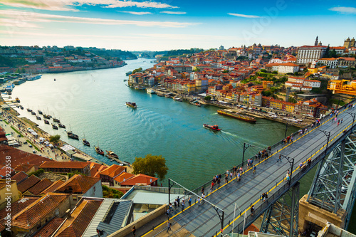 Porto, Portugal: Picturesque view of Riberia old town and Ponte de Dom Luis bridge over Douro river seen from above