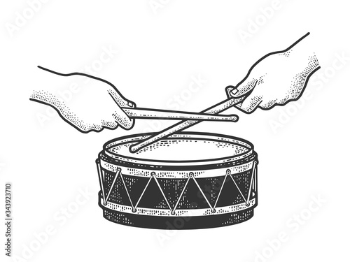 hands play on drum sketch engraving vector illustration. T-shirt apparel print design. Scratch board imitation. Black and white hand drawn image.