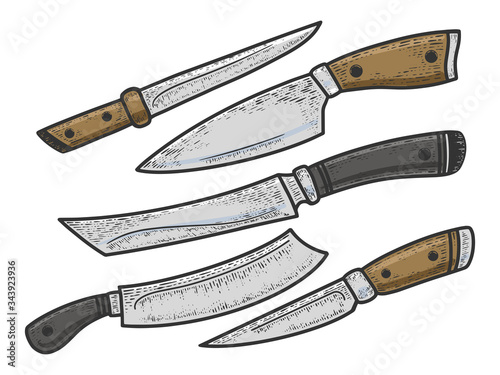 Knife set color sketch engraving vector illustration. T-shirt apparel print design. Scratch board imitation. Black and white hand drawn image.