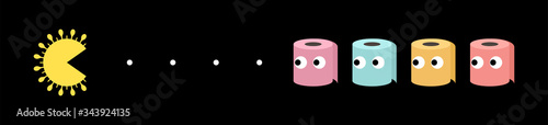 Coronavirus eats rolls of colored toilet paper. Analog of the Retro video game with ghosts, arcade. Concept of the game with coronavirus. Vector stock flat illustration.