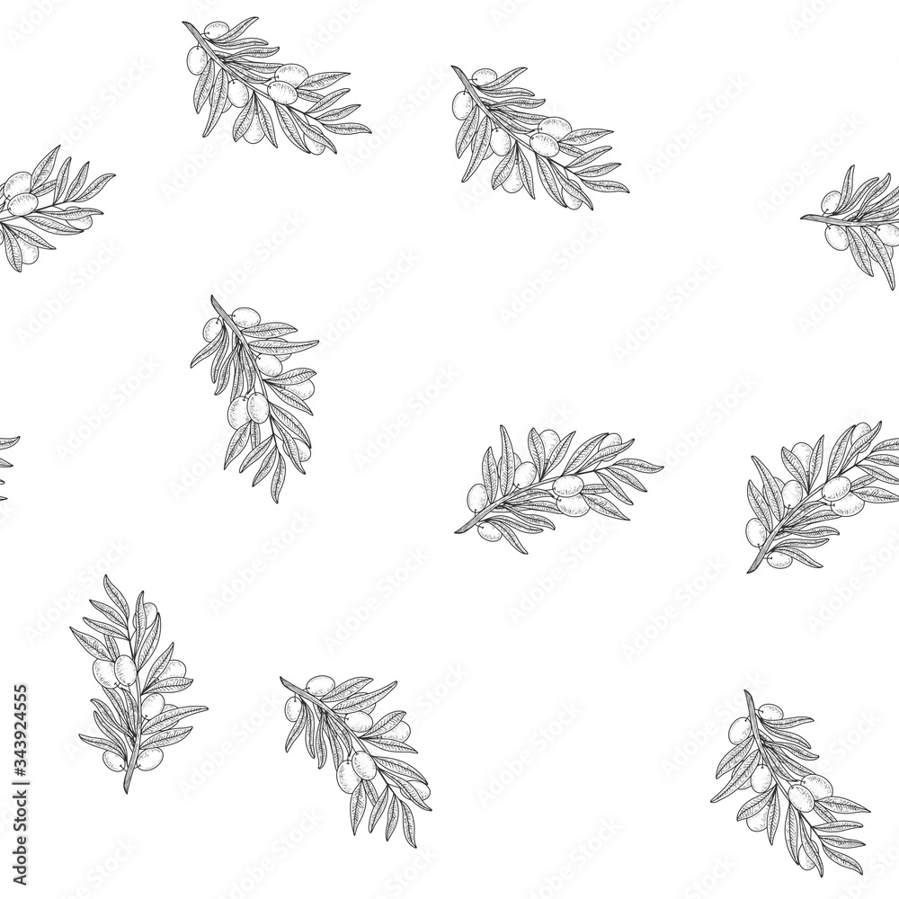 Fototapeta premium Olive branch seamless pattern background sketch engraving vector illustration. T-shirt apparel print design. Scratch board imitation. Black and white hand drawn image.