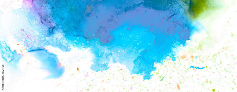 Art Abstract paint blots background. Alcohol ink blue colors. Marble texture. Horizontal long banner.