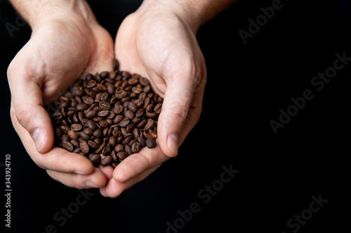 Roasted coffee grains in the hands of a male barista on a black background with place for text, copy space.