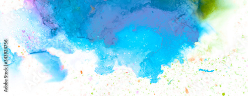 Art Abstract paint blots background. Alcohol ink blue colors. Marble texture. Horizontal long banner. © Liliia