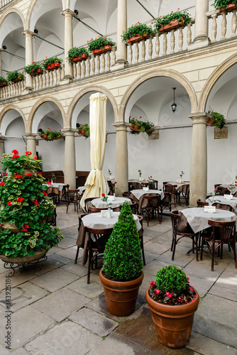 Italian courtyard in the style of the Italian Renaissance on May 12, 2019 in Lviv, Ukraine
