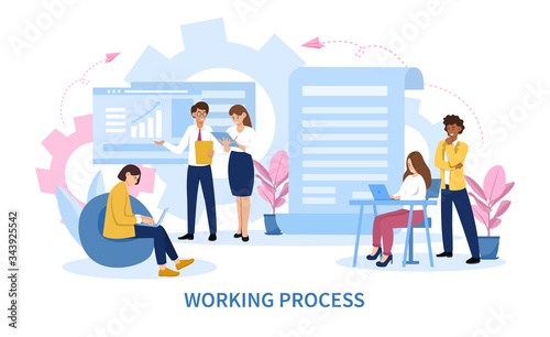Infographic of a business teams working process showing planning and development with paperwork and charts of a diverse group of colleagues, colored vector illustration