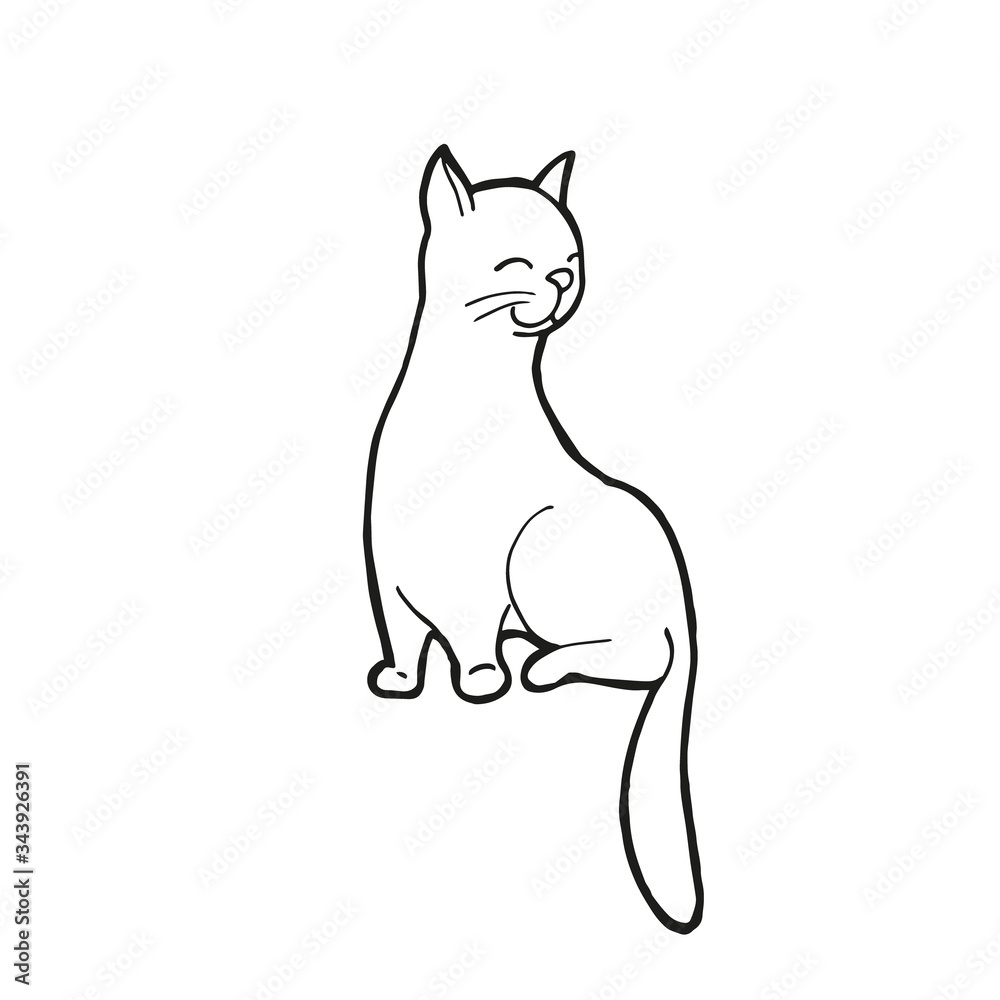 Naklejka premium Single hand drawn sitting cat. In doodle style, black outline isolated on a white background. Cute element for card, social media banner, sticker, print, decoration kids playroom. Vector illustration