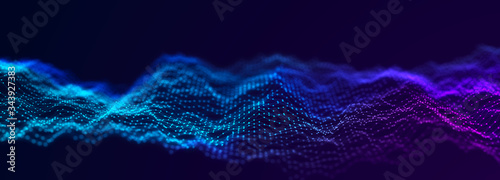 Futuristic wave on dark background. Colored pattern of connection dots and lines. Technology Banner. 3D Widescreen