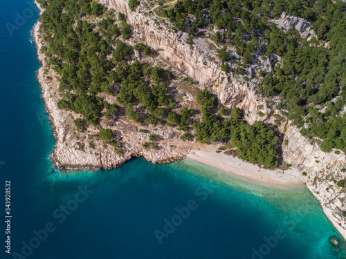 Aerial view of famous Nugal beach near the city of Makarska in Dalmatia, Croatia., which was proclaimed as one of the most beautiful beaches in Croatia.