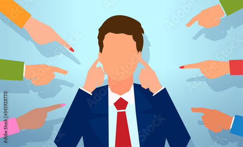 vector of a man plugging his ears while being blamed and accused by a group of people