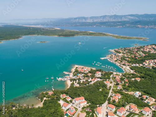 Panoramic aerial view of boats and houses in Klimno bay, Krk island, Croatia. photo