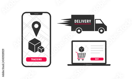 Online order tracking app on smartphone and web landing page on laptop. Onlide delivery service set with smartphone, laptop and delivery track. Tracking order concept. Vector illustration