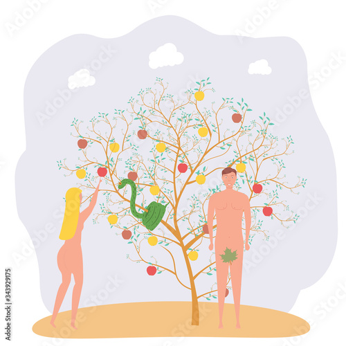 Adam and Eve. The first sin on earth. The tree of the knowledge of good and evil. The tree of Life. The temptation of Eve. Bible story design concept. Colorful vector illustration.