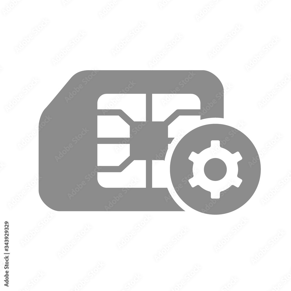 SIM card with gear wheel flat gray icon. Mobile slot, technical phone card symbol