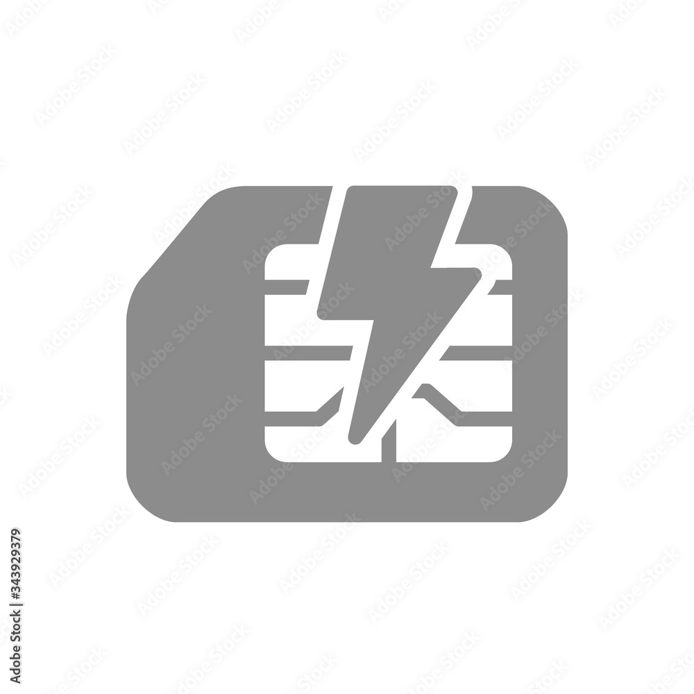 Broken SIM card flat gray icon. Damage phone chip, mobile card symbol Broken SIM card flat gray icon. Damage phone chip, mobile card symbol