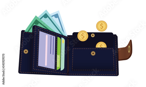 Wallet icon with cash and coins isolated on white background. Vector illustration