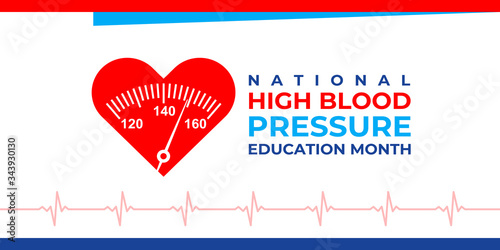 National high blood pressure education month. Vector horizontal banner, poster for social media, articles. Heart, the scale of the tonometer and the inscription. It is celebrated in may.