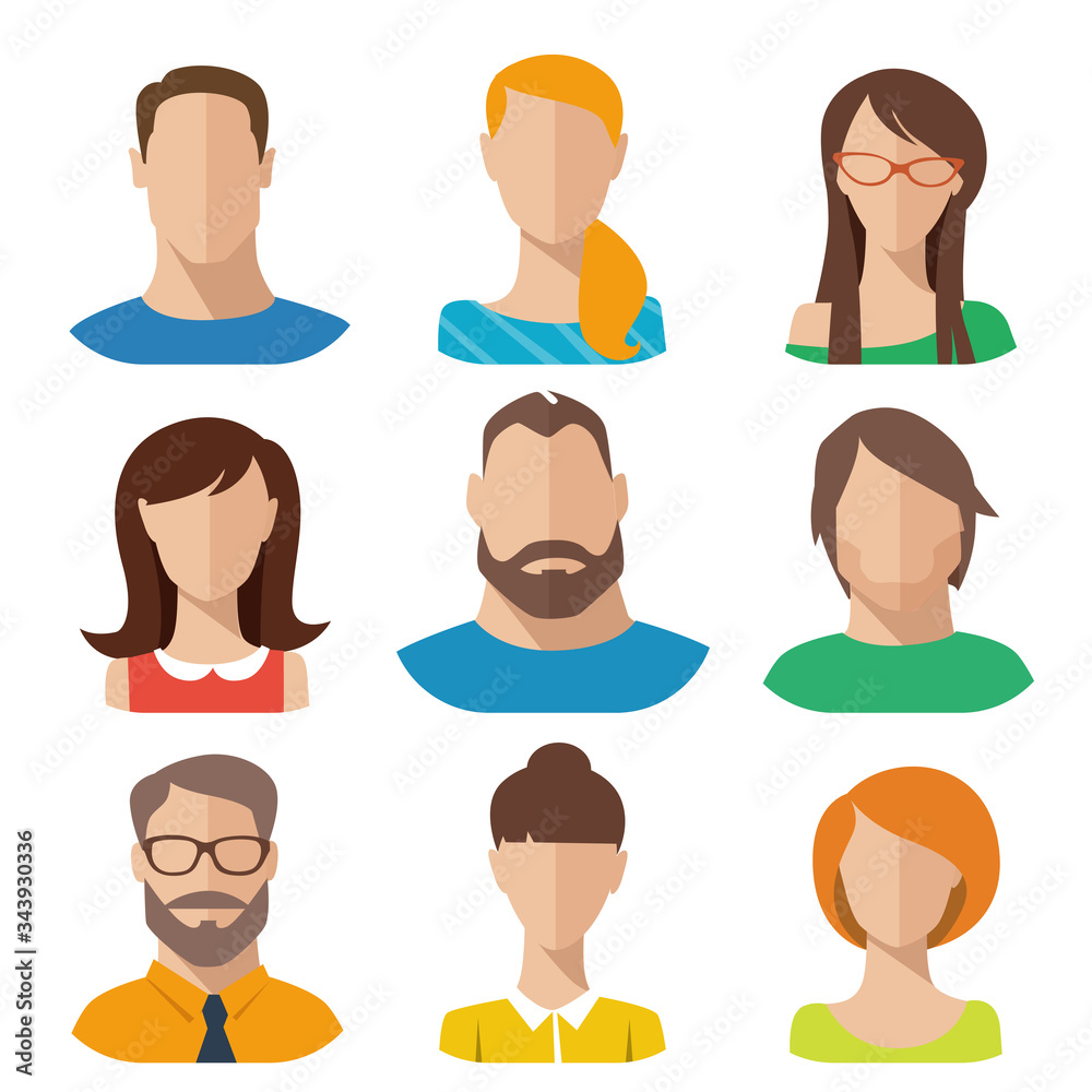 Vector flat style portraits male and female icons set Vector flat style portraits male and female icons set
