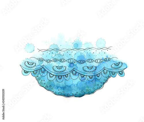 Sea wave. Stylized image of water with an ornate pattern. Blue watercolor illustration on a white background. Abstract spots, splashes, blots imitating the ocean. photo