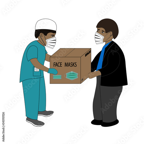 Medical masks delivery to the hospital. Volunteer is giving large box with face masks to a doctor.
