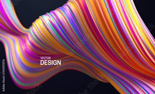 Colorful striped wave. Liquid flowing shape. Vector 3d illustration. Abstract colorful background. Vibrant gradient stream. Fluid paint wallpaper. Modern cover design