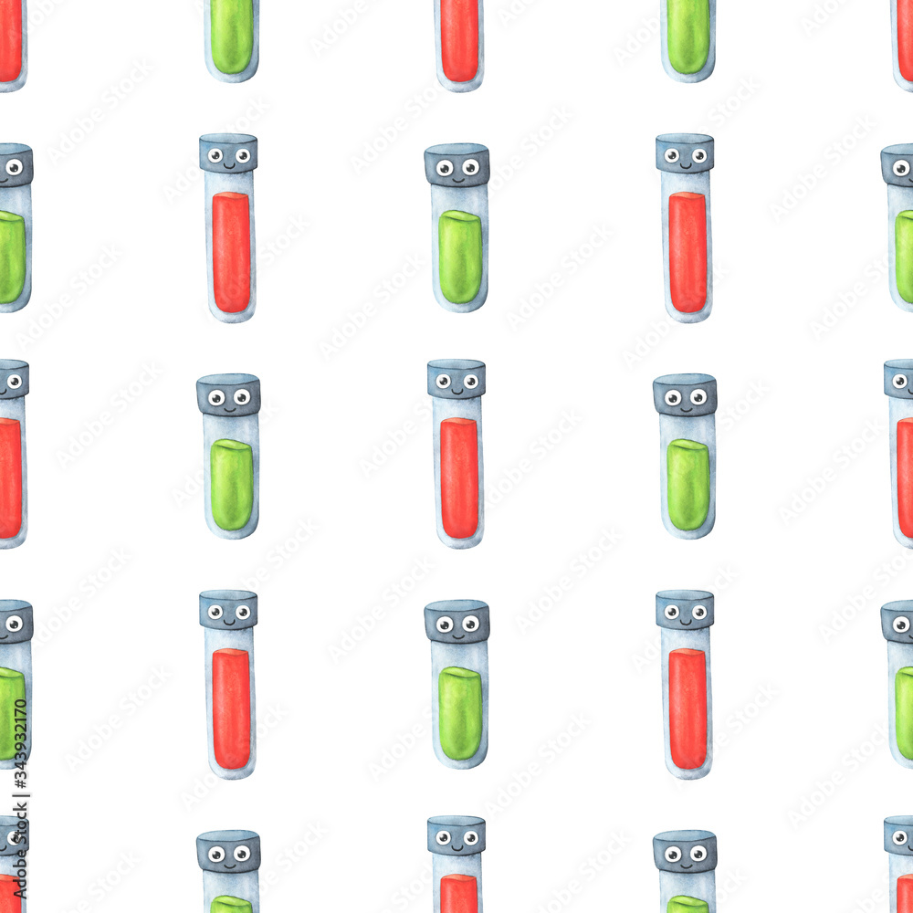 Seamless pattern with test tubes. Endless background with cartoon flasks with red and green liquid. Children's watercolor illustration. Cartoon chemistry, medicine, and science. Stock image Seamless pattern with test tubes. Endless background with cartoon flasks with red and green liquid. Children's watercolor illustration. Cartoon chemistry, medicine, and science. Stock image
