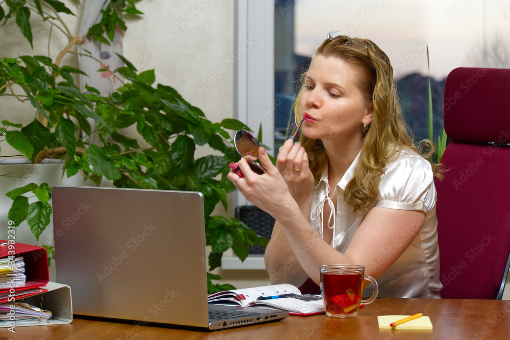 Beautiful young woman working from home, bookkeeper, call center. distance learning, distance working, Home office Beautiful young woman working from home, bookkeeper, call center. distance learning, distance working, Home office