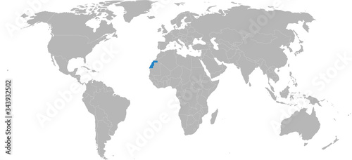 Western Sahara highlighted on world map. Light gray background. African country. Business concepts, diplomatic, trade, travel and economic relations.