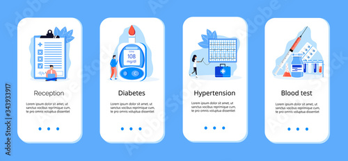 Diabetes mellitus, type 2 diabetes and insulin production concept vector. App templates with magnifier and blood glucose testing meter.