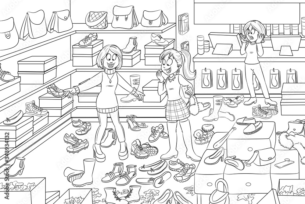Mädchen im Schuhladen - Vektor-Illustration