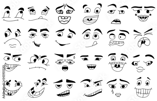 Cartoon faces. Kawaii cute faces. Expressive eyes and mouth, smiling, crying and surprised character face expressions. Caricature comic emotions or emoticon. Isolated vector illustration icons set.