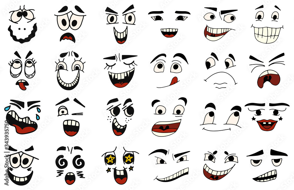 Cartoon faces. Kawaii cute faces. Expressive eyes and mouth, smiling,  crying and surprised character face expressions. Caricature comic emotions  or emoticon. Isolated vector illustration icons set. Stock Vector | Adobe  Stock