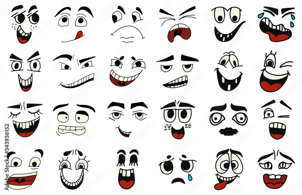 Cartoon faces. Kawaii cute faces. Expressive eyes and mouth, smiling, crying and surprised character face expressions. Caricature comic emotions or emoticon. Isolated vector illustration icons set.
