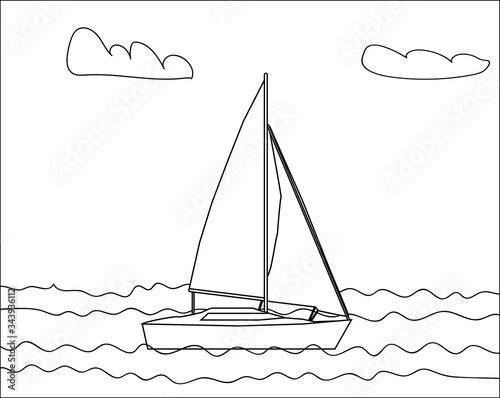 coloring book yacht with two sails floating on the water on a white background with white clouds