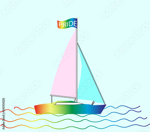 the sailboat is painted with rainbow colors with two sails of pink and blue with a torn LGBT flag with the inscription pride in white. LGBT Symbols