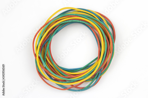 colored elastic rubber for banknotes on a white background. office and business items