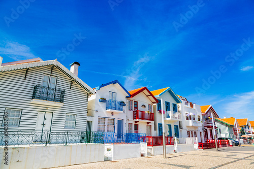 Costa Nova, Portugal: colorful striped houses called Palheiros located in beach resort on Atlantic coast near Aveiro.