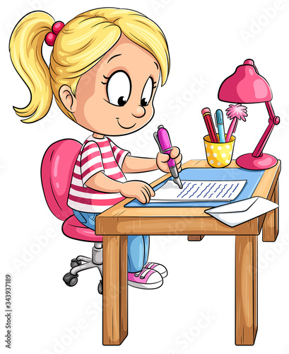 Mädchen am Schreibtisch schreibt einen Brief - Vektor-Illustration