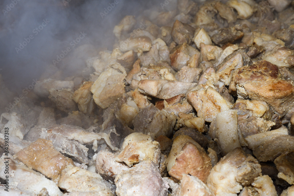 Unhealthy, greasy, oily, mix of meat slices Unhealthy, greasy, oily, mix of meat slices